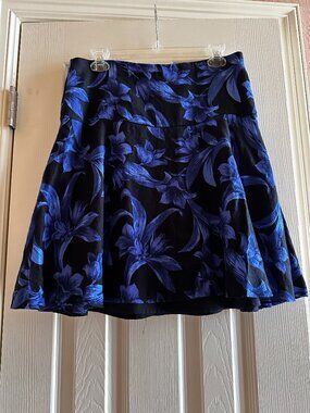 Ann Taylor Blue Floral Linen Blend A-Line Skirt Size 8 Black Cobalt Midi Knee Le